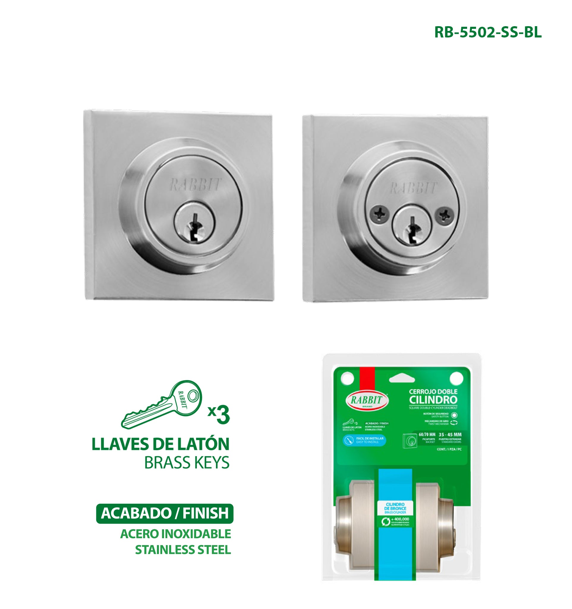 Cerrojo Doble Cilindro Acero Inoxidable 35–45 mm Rabbit / RB-5502-SS-BL
