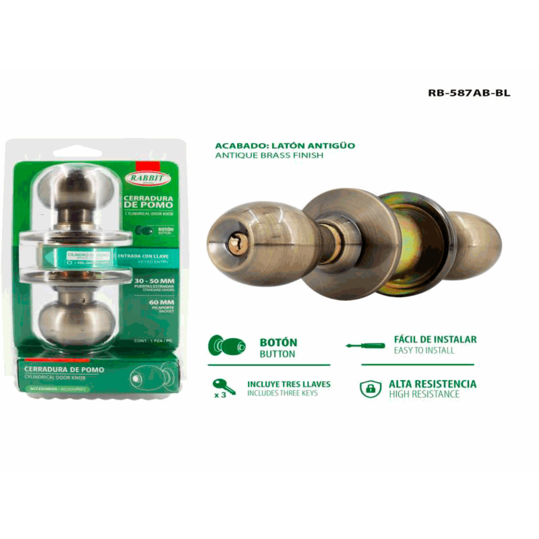 Rabbit Cylindrical Doorknob - Antique Brass Finish