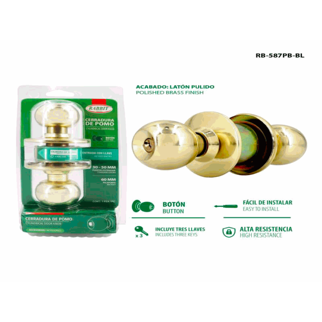 Rabbit Cylindrical Doorknob - Polished Brass Finish