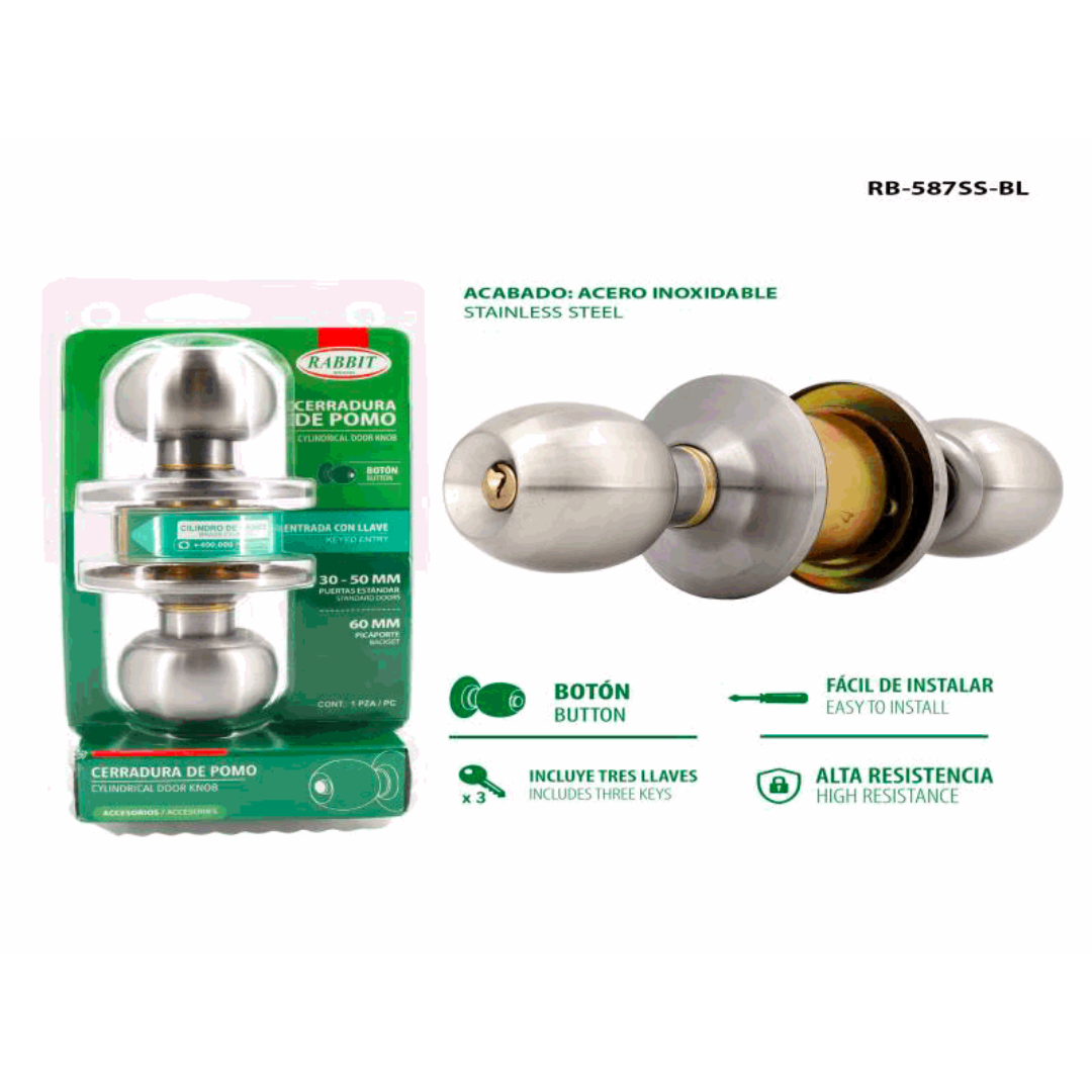 Rabbit Cylindrical Doorknob - Stainless Steel Finish