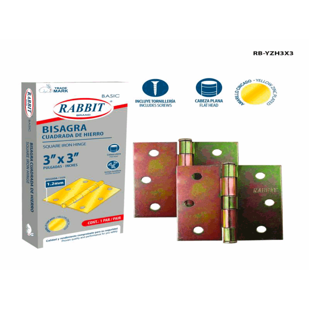 Rabbit Square Iron Hinge 3" x 3" with Screws – Yellow Zinc Plated