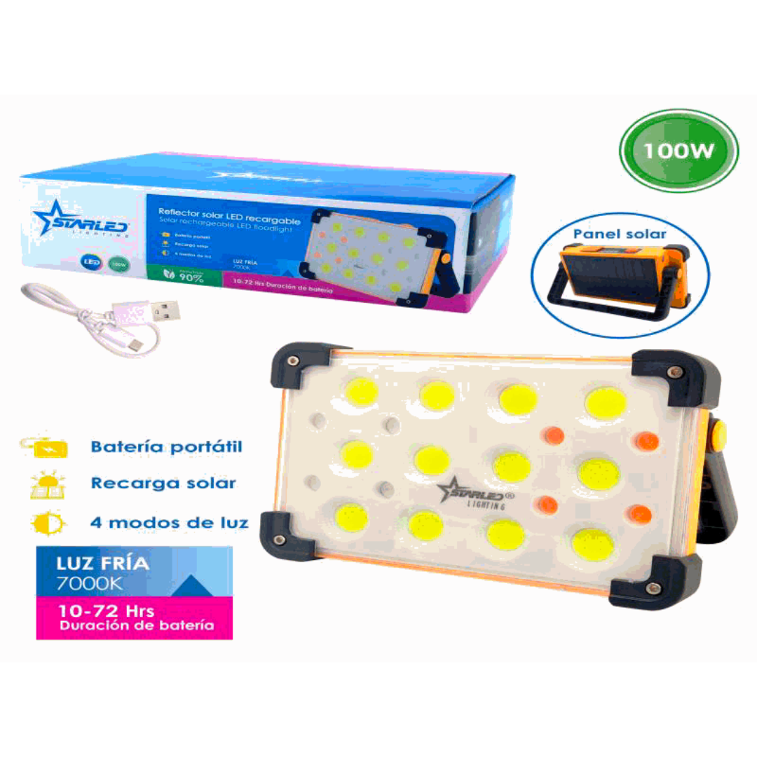 StarLED Emergency Solar LED Floodlight 100W, Cool White 7000K, Portable Rechargeable with 4 Light Modes