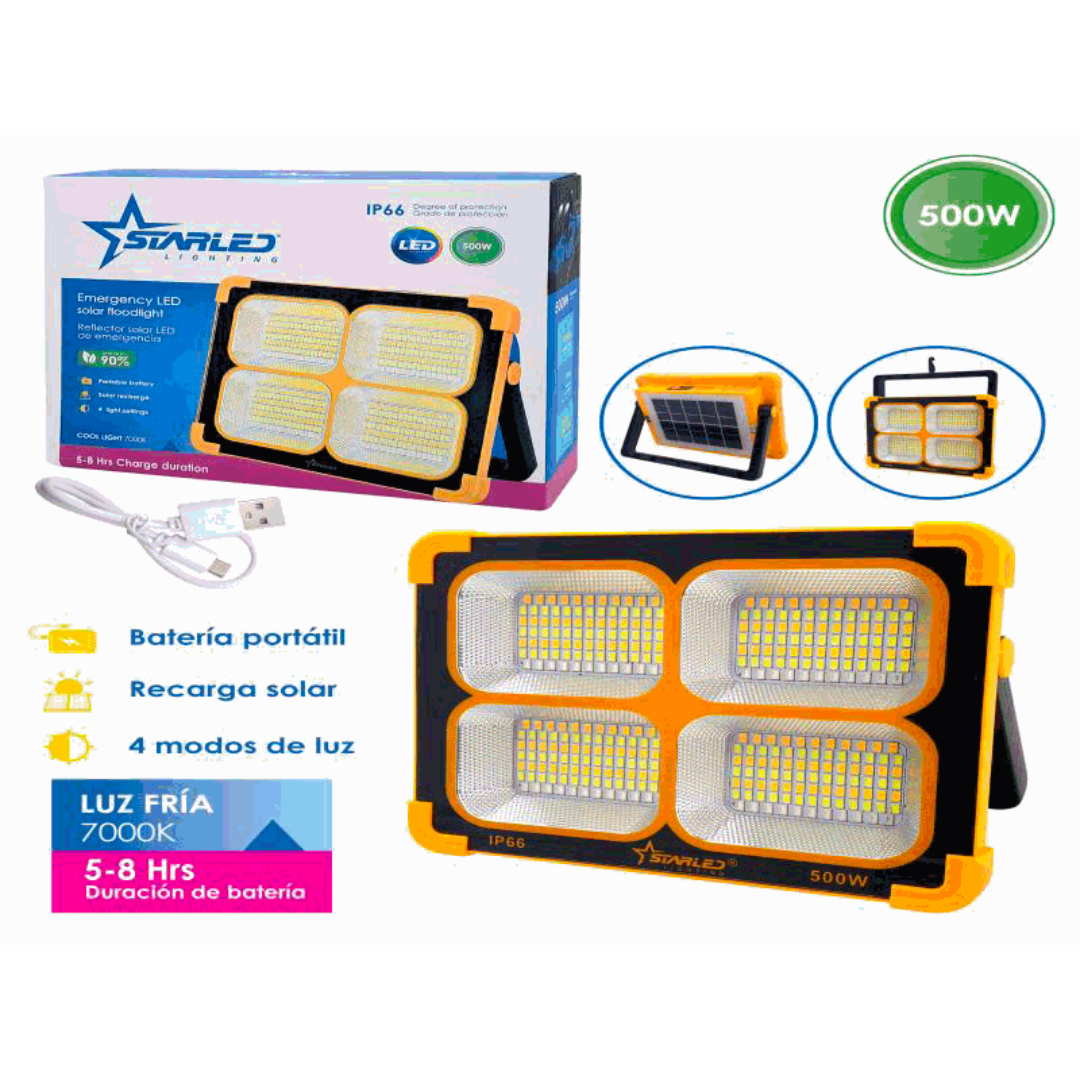 StarLED Emergency Solar LED Floodlight 500W, Cool White 7000K, Portable Rechargeable with 4 Light Modes