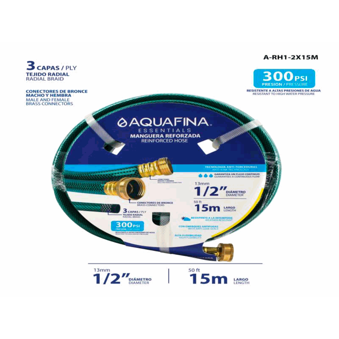 AQUAFINA Reinforced Hose 1/2" x 50ft – 300 PSI, Brass Connectors
