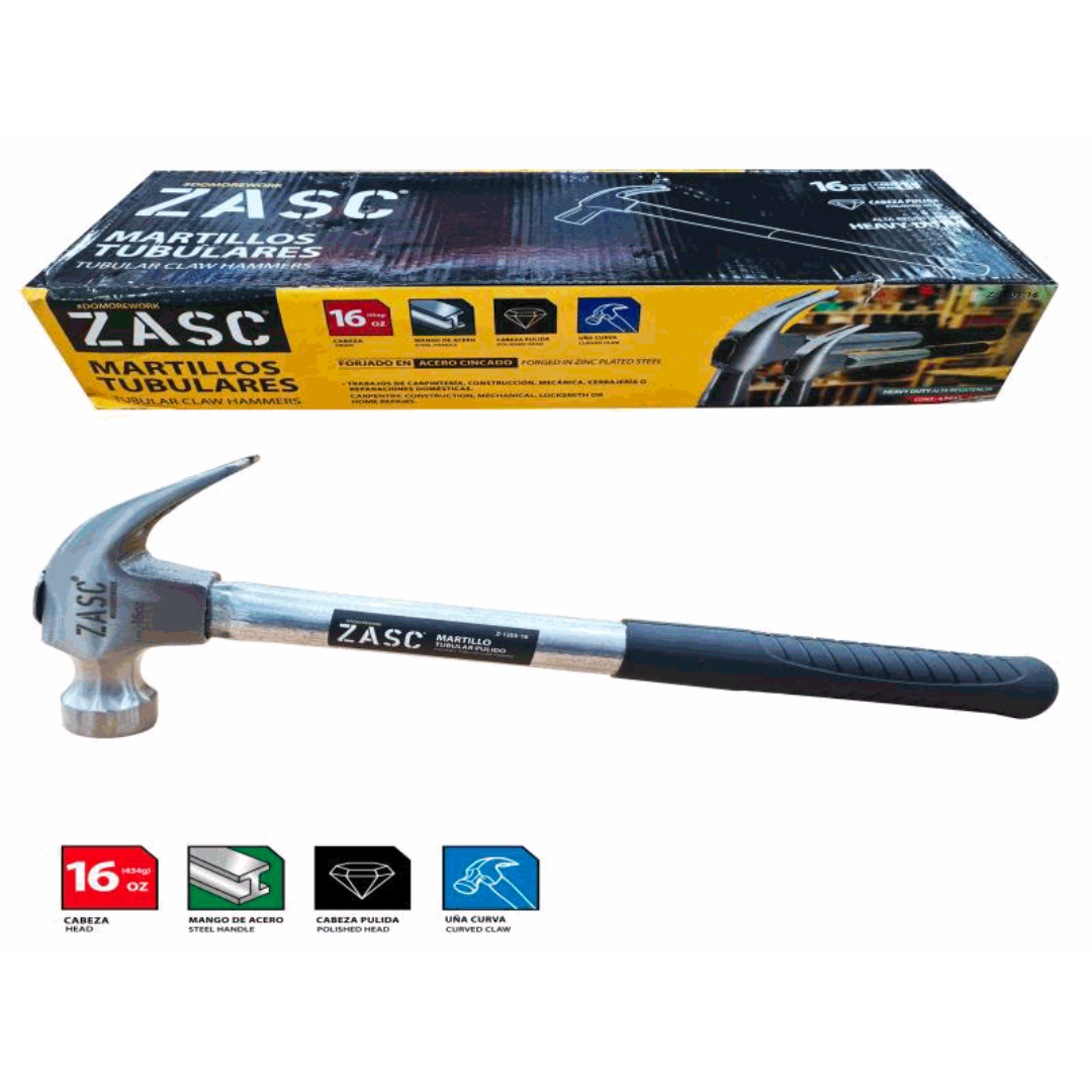 ZASC Tubular Claw Hammer 16oz, Steel Handle, Polished Head, Curved Claw