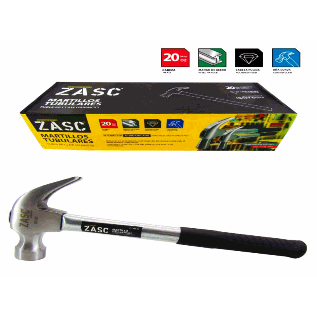 ZASC Tubular Claw Hammer 20oz – Polished Head, Steel Handle, Curved Claw