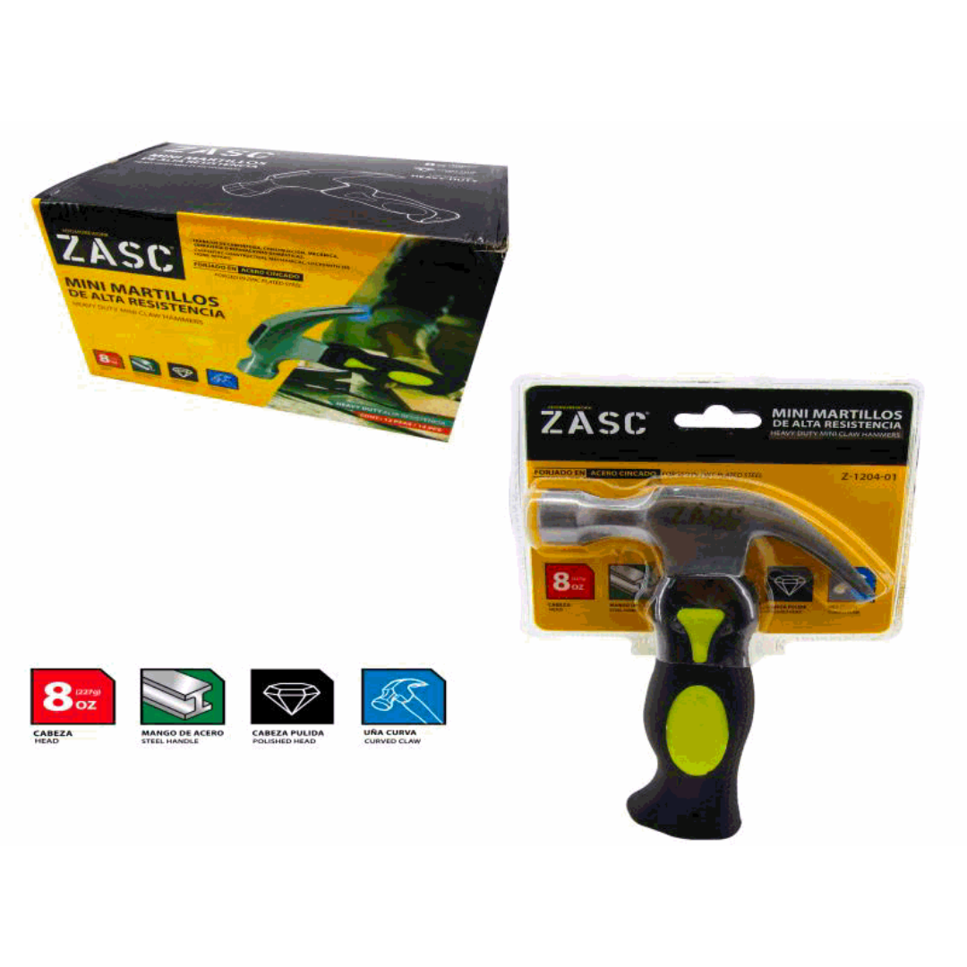 ZASC Mini Hammer 8oz with Steel Handle and Curved Claw