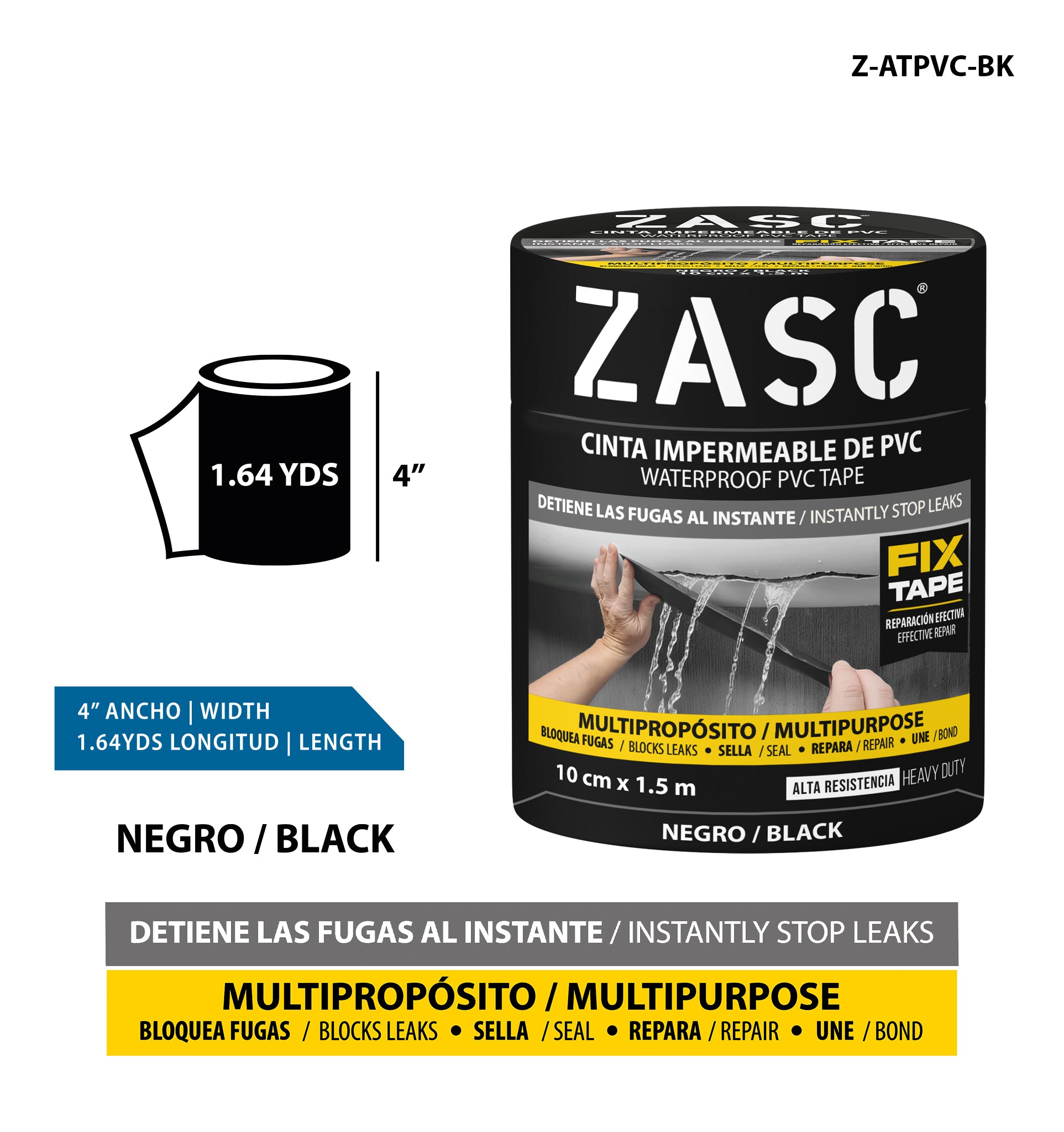 Cinta Adhesiva PVC Negra 4" ZASC / Z-ATPVC-BK