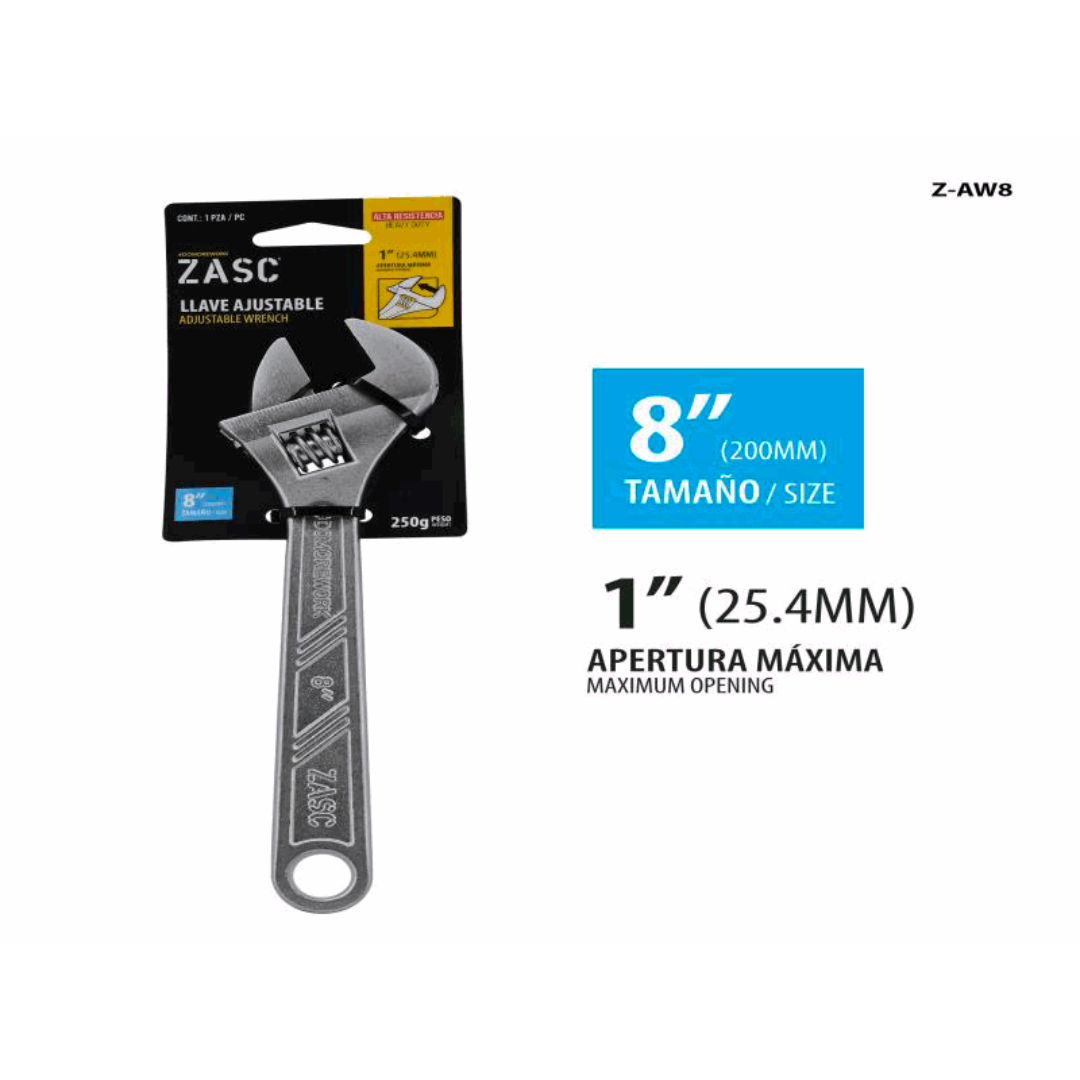 ZASC Adjustable Wrench 8" with 1" Opening