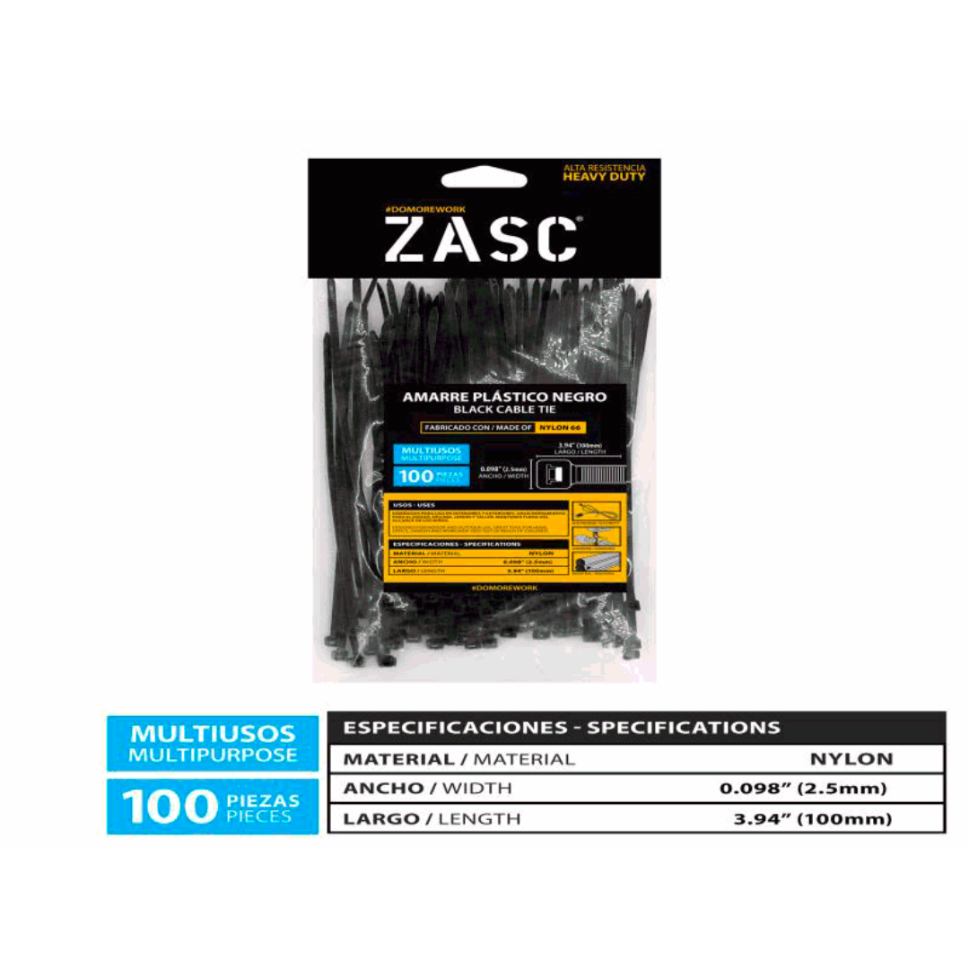 ZASC Black Cable Ties Nylon 2.5mm x 100mm (100pcs)