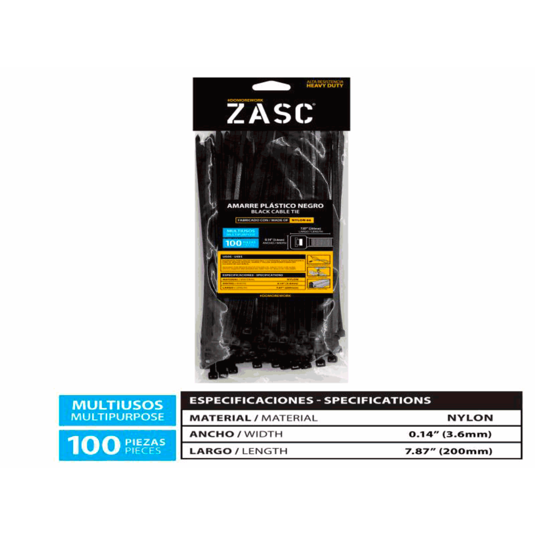 ZASC Black Cable Ties Nylon 3.6mm x 200mm (100pcs)