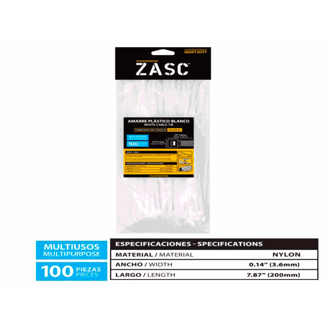 ZASC White Cable Ties Nylon 3.6mm x 200mm (100pcs)