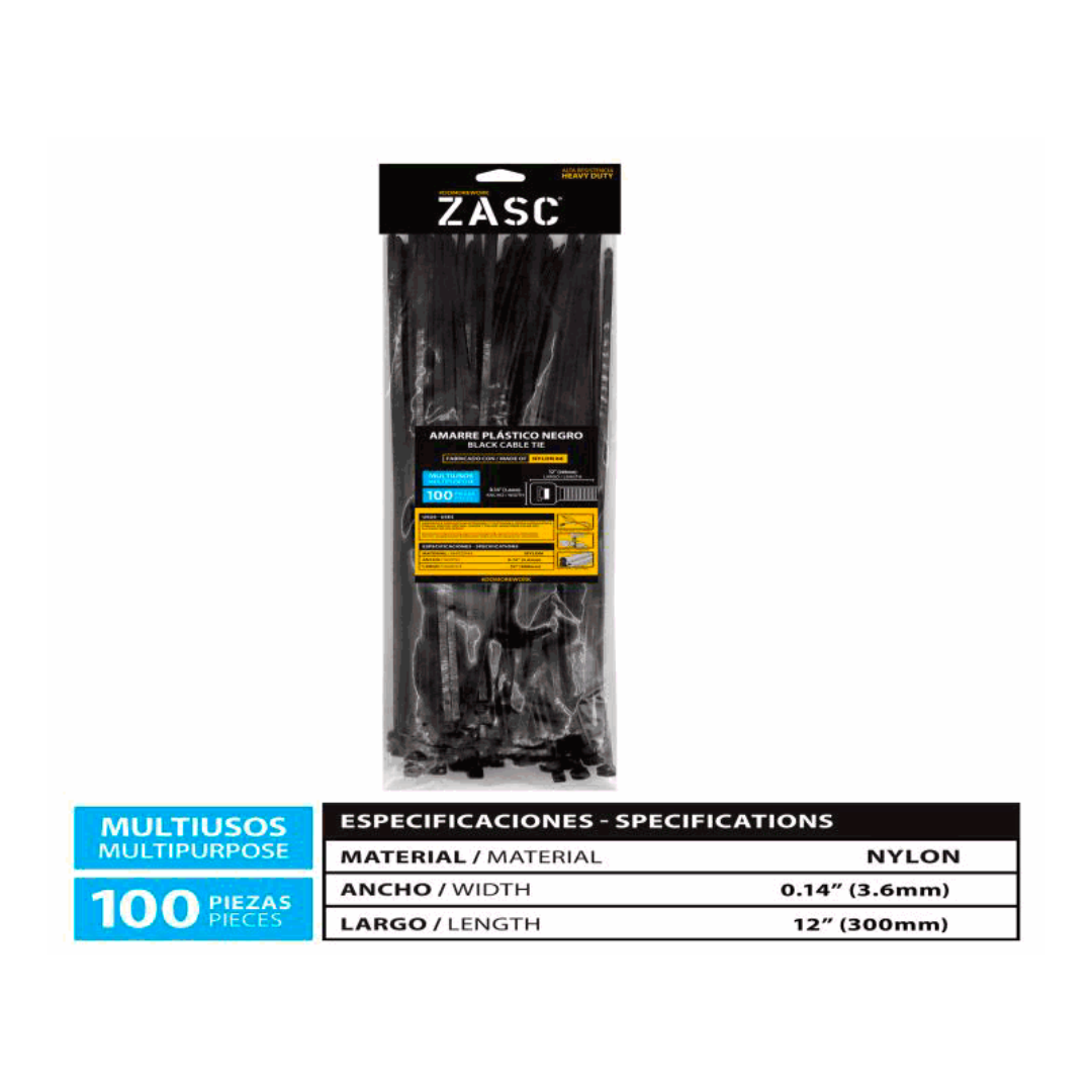 ZASC Black Cable Ties Nylon 3.6mm x 300mm (100pcs)