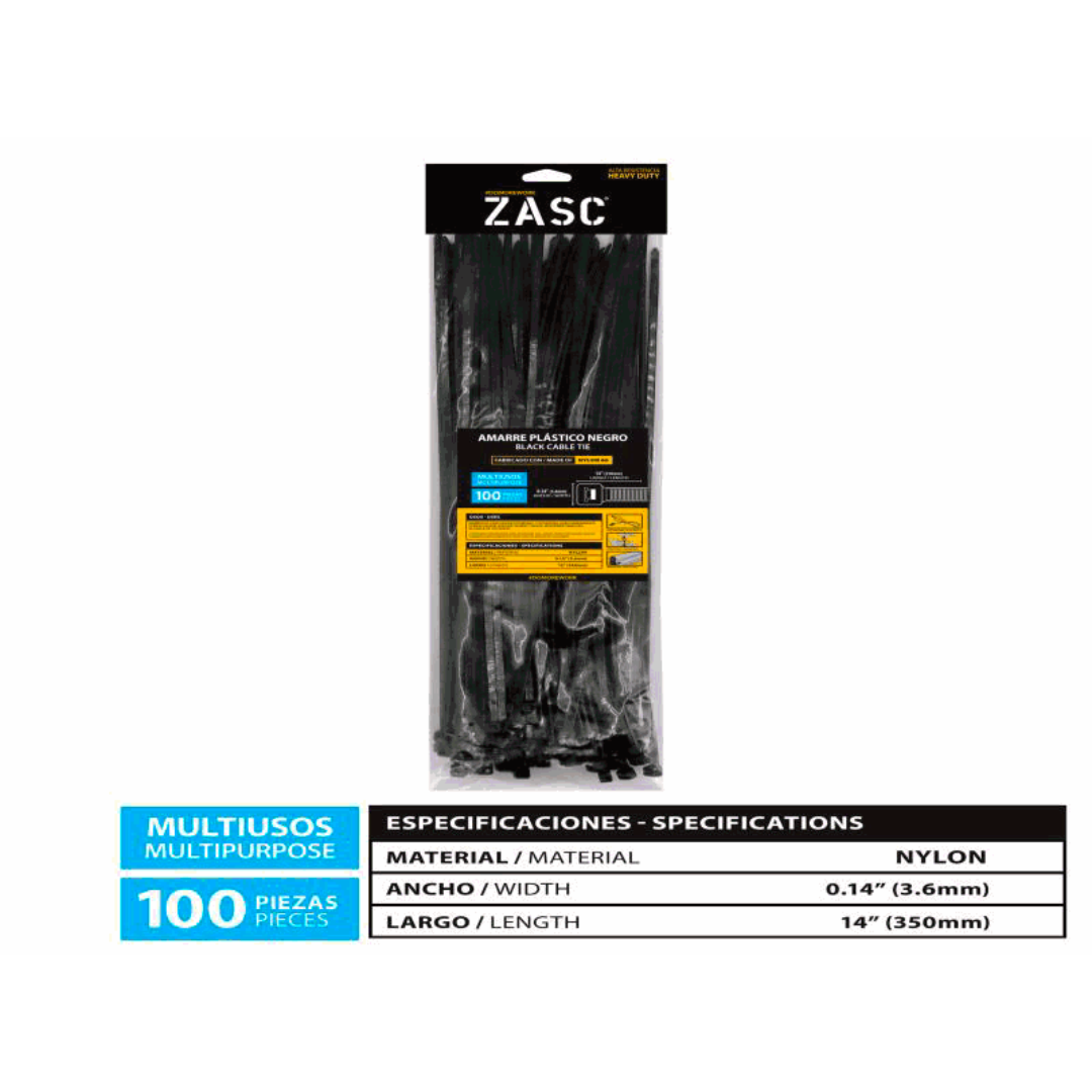 ZASC Black Cable Ties Nylon 3.6mm x 350mm (100pcs)