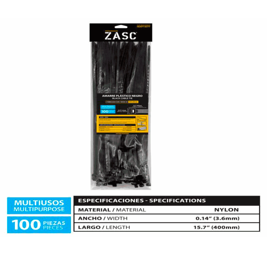 ZASC Black Cable Ties Nylon 3.6mm x 400mm (100pcs)