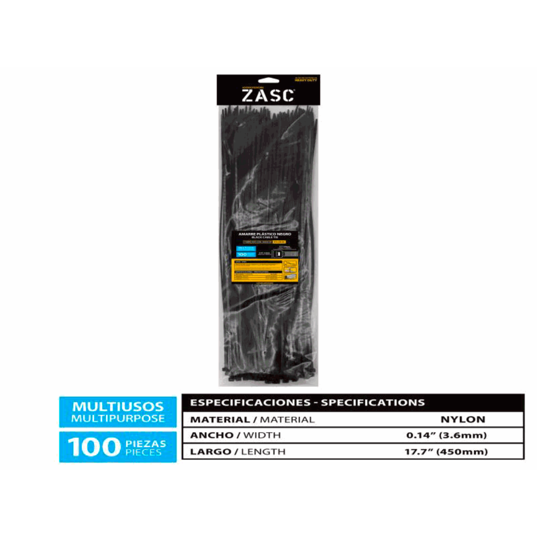 ZASC Black Cable Ties Nylon 3.6mm x 450mm (100pcs)