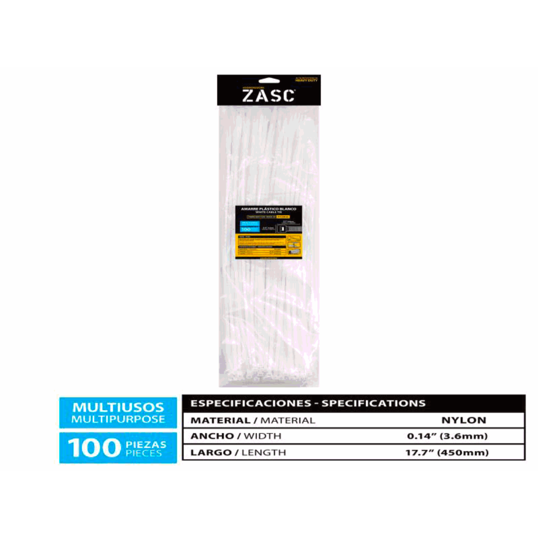 ZASC Nylon Cable Ties White 17.7" x 0.14" (100 Pieces)