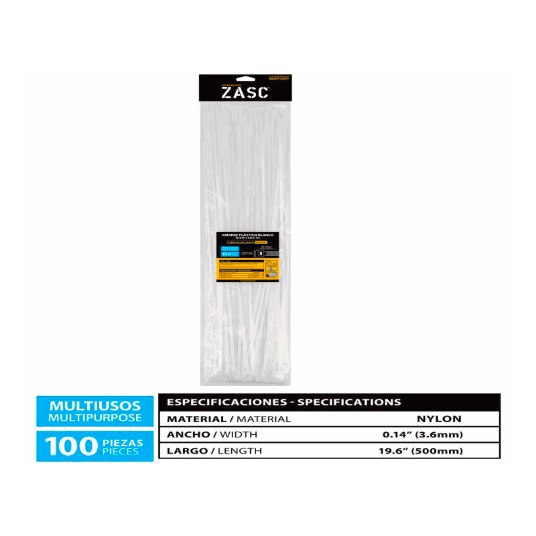 ZASC White Cable Ties Nylon 3.6mm x 500mm (100pcs)