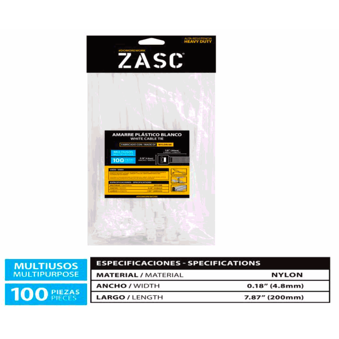 ZASC White Cable Ties Nylon 4.8mm x 200mm (100pcs)