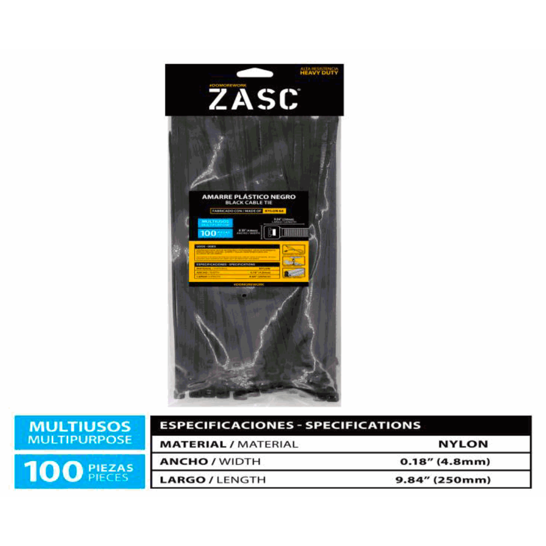 ZASC Black Cable Ties Nylon 4.8mm x 250mm (100pcs)