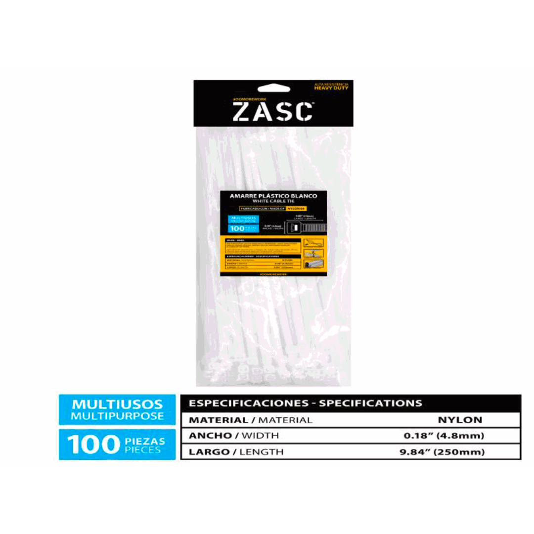 ZASC White Cable Ties Nylon 4.8mm x 250mm (100pcs)