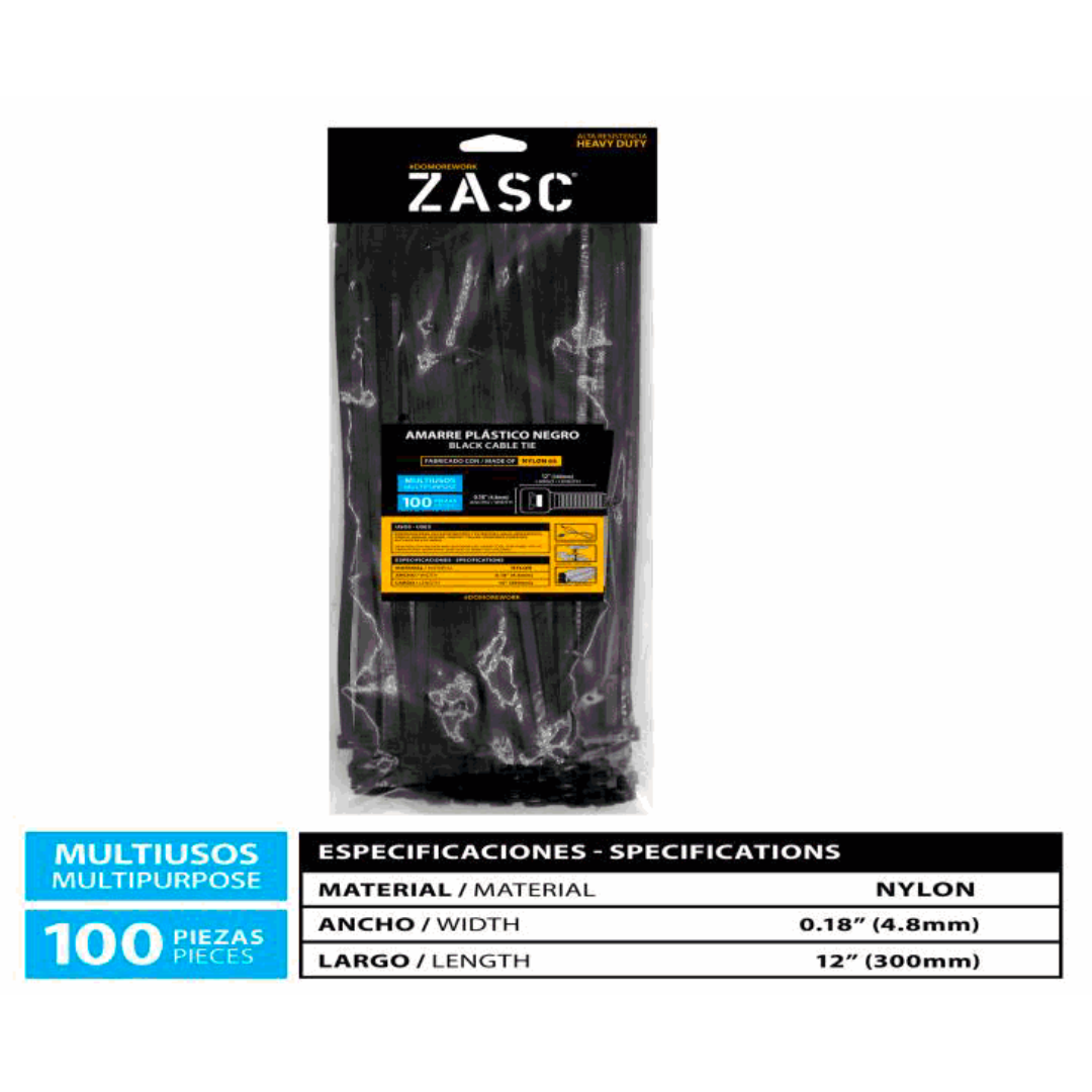 ZASC Black Cable Ties Nylon 4.8mm x 300mm (100pcs)