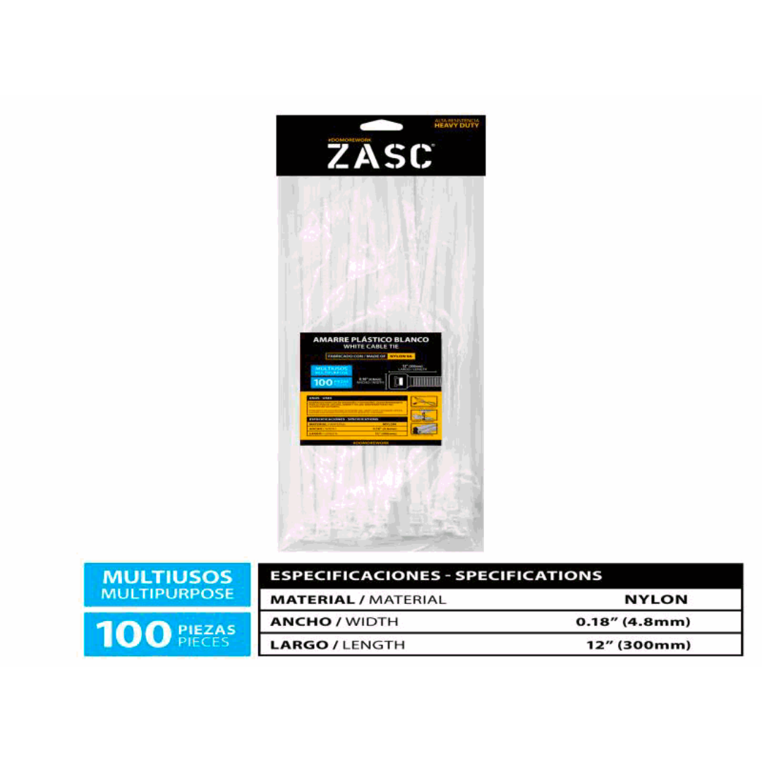 ZASC White Cable Ties Nylon 4.8mm x 300mm (100pcs)