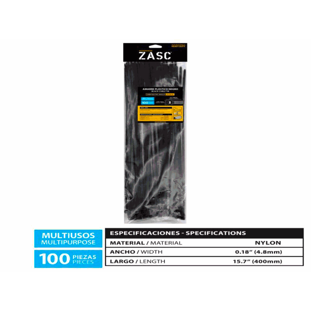 ZASC Black Cable Ties Nylon 4.8mm x 400mm (100pcs)
