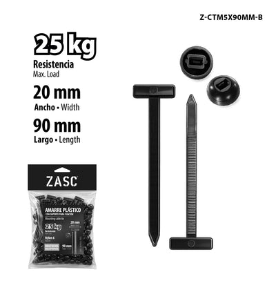 Plastic Cable Tie with Mount 25 kg ZASC / Z-CTM5X90MM-B