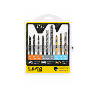 Wood, Masonry & Metal Drill Bit Set – 9 Pieces ZASC / Z-DBMIX-9SET