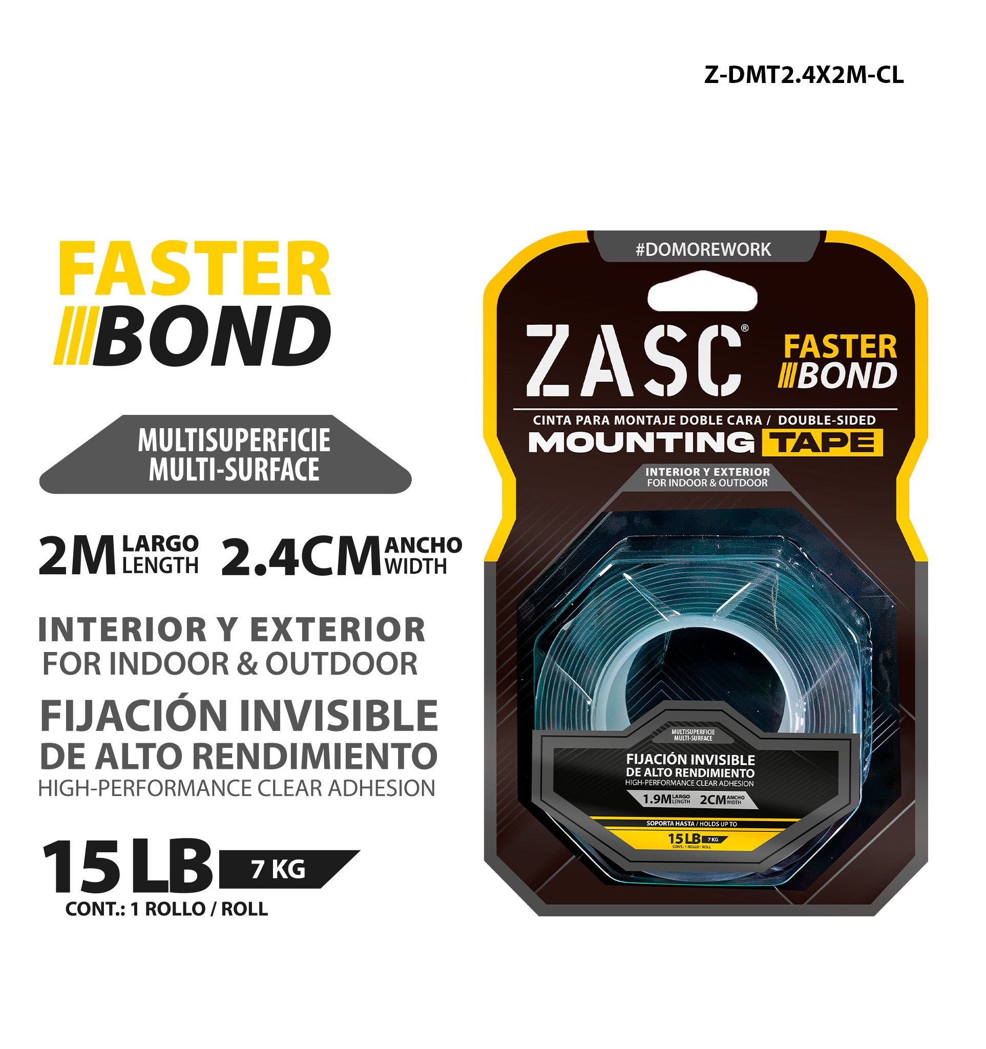 Cinta de Montaje Doble Cara Transparente 7kg ZASC / Z-DMT2.4X2M-CL