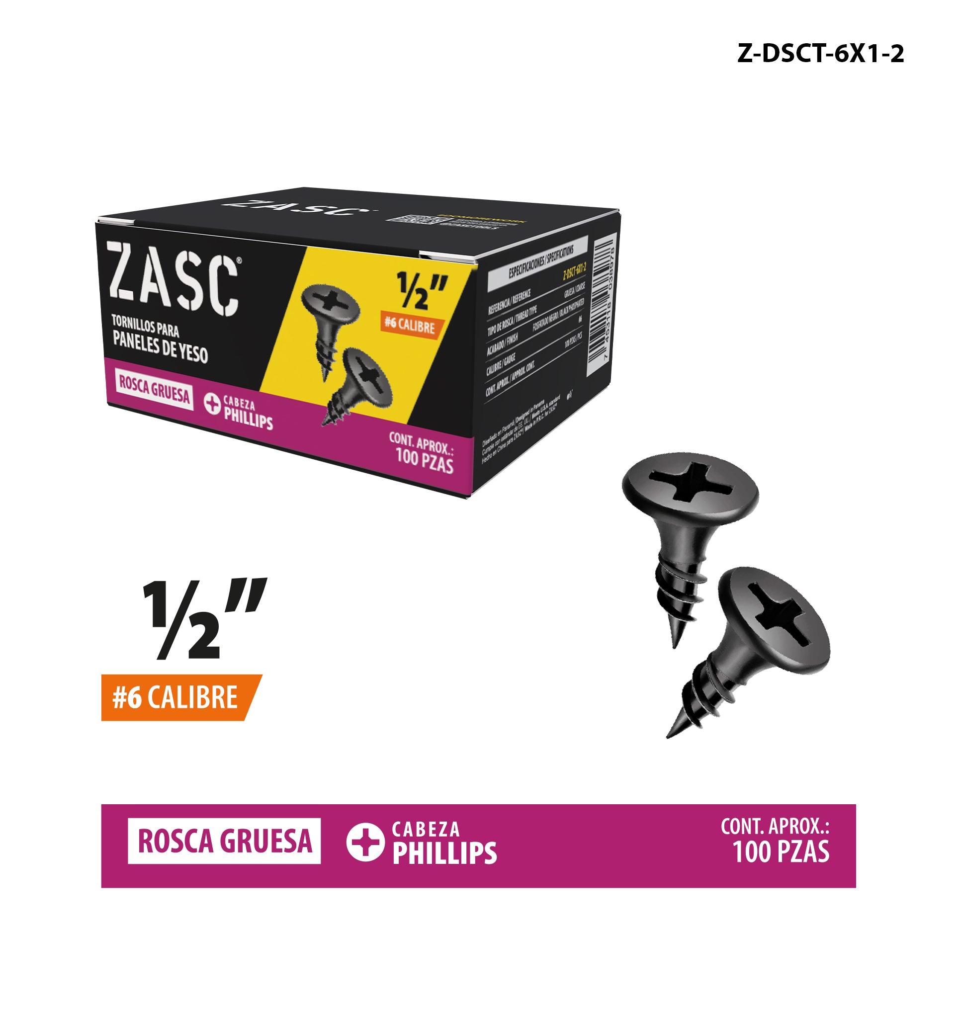 Tornillos para Drywall 1/2" Zasc / Z-DSCT-6X1-2