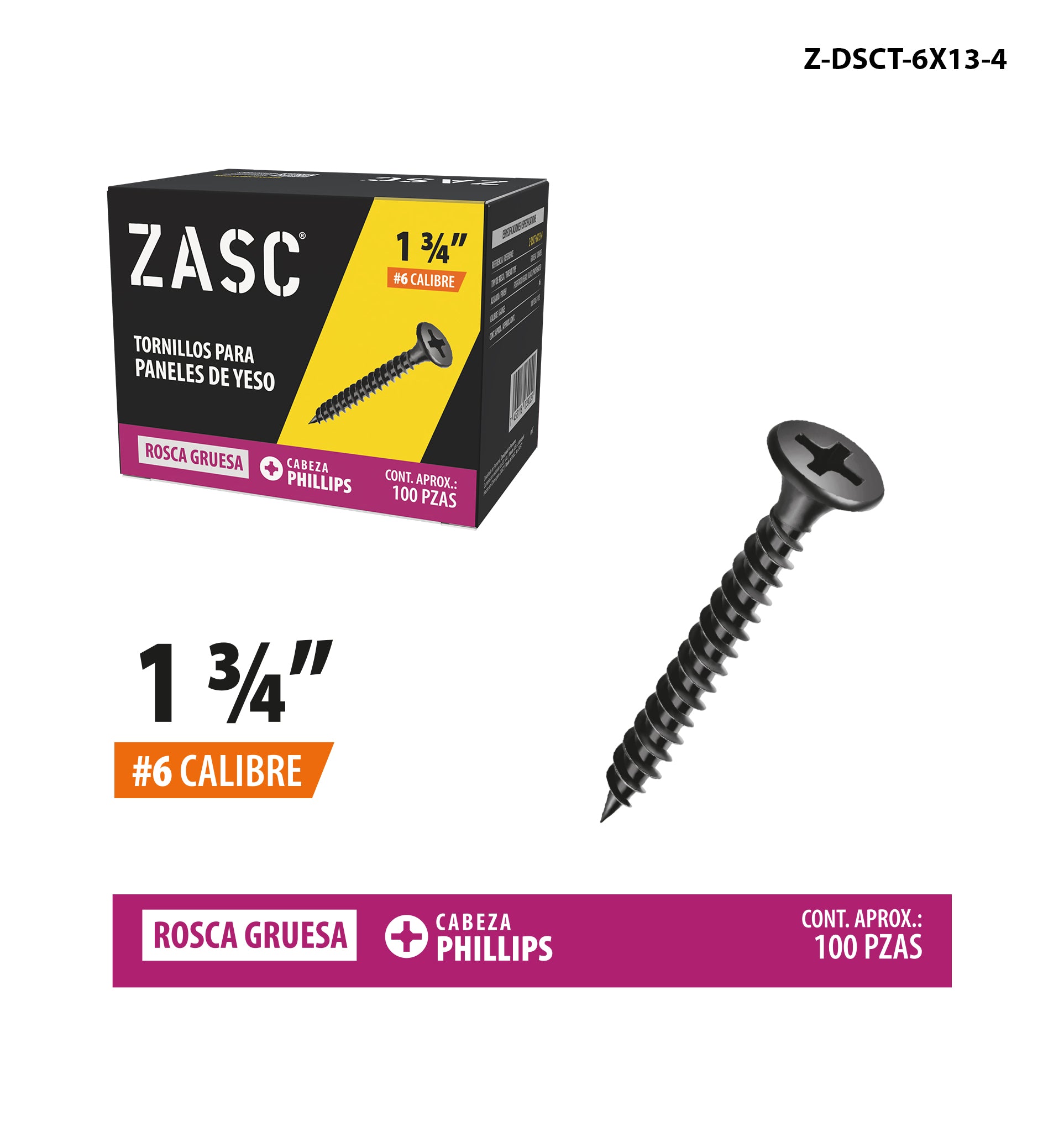 Tornillos para Drywall 1 3/4" Zasc / Z-DSCT-6X13-4