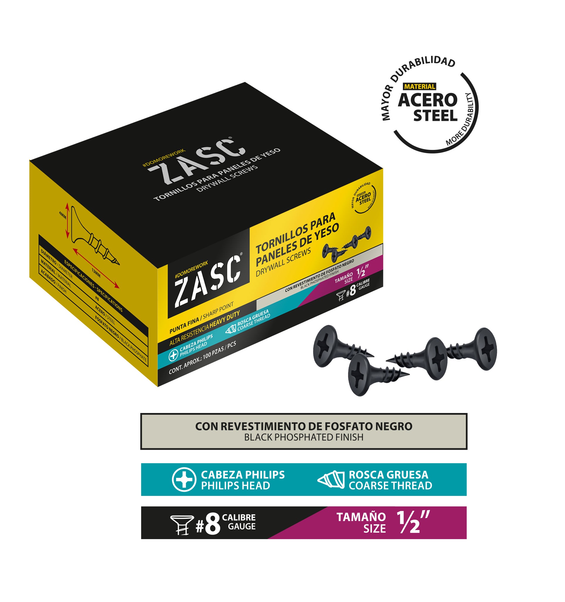 Tornillos p/Gypsum Rosca Gruesa 1/2" Zasc / Z-DSCT-8X1-2
