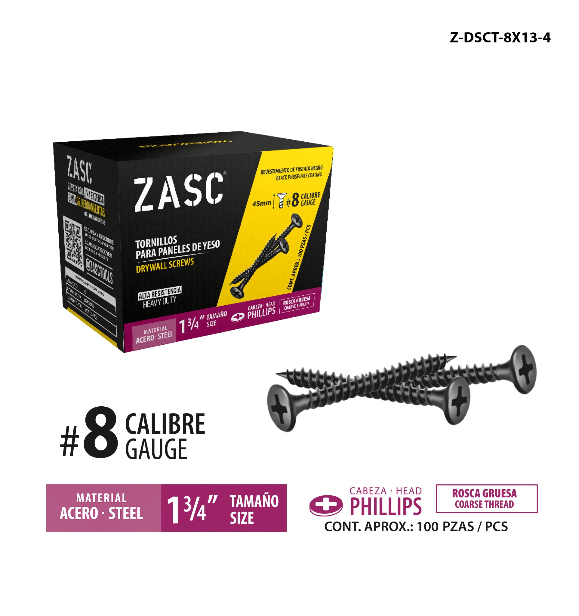 Tornillos p/Gypsum Rosca Gruesa 1 3/4" Zasc / Z-DSCT-8X13-4