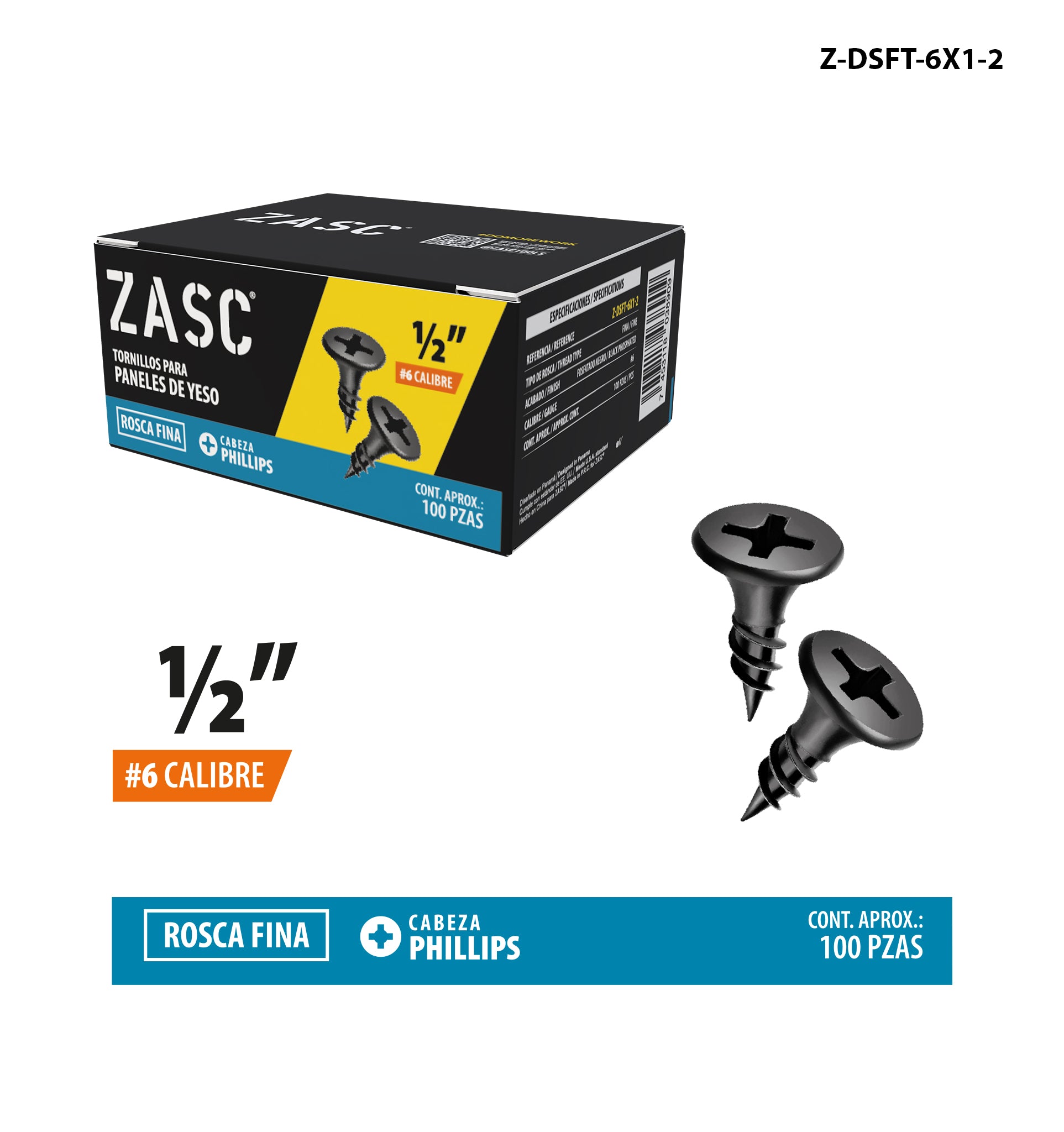 Tornillos Drywall Rosca Fina 1/2" Zasc / Z-DSFT-6X1-2