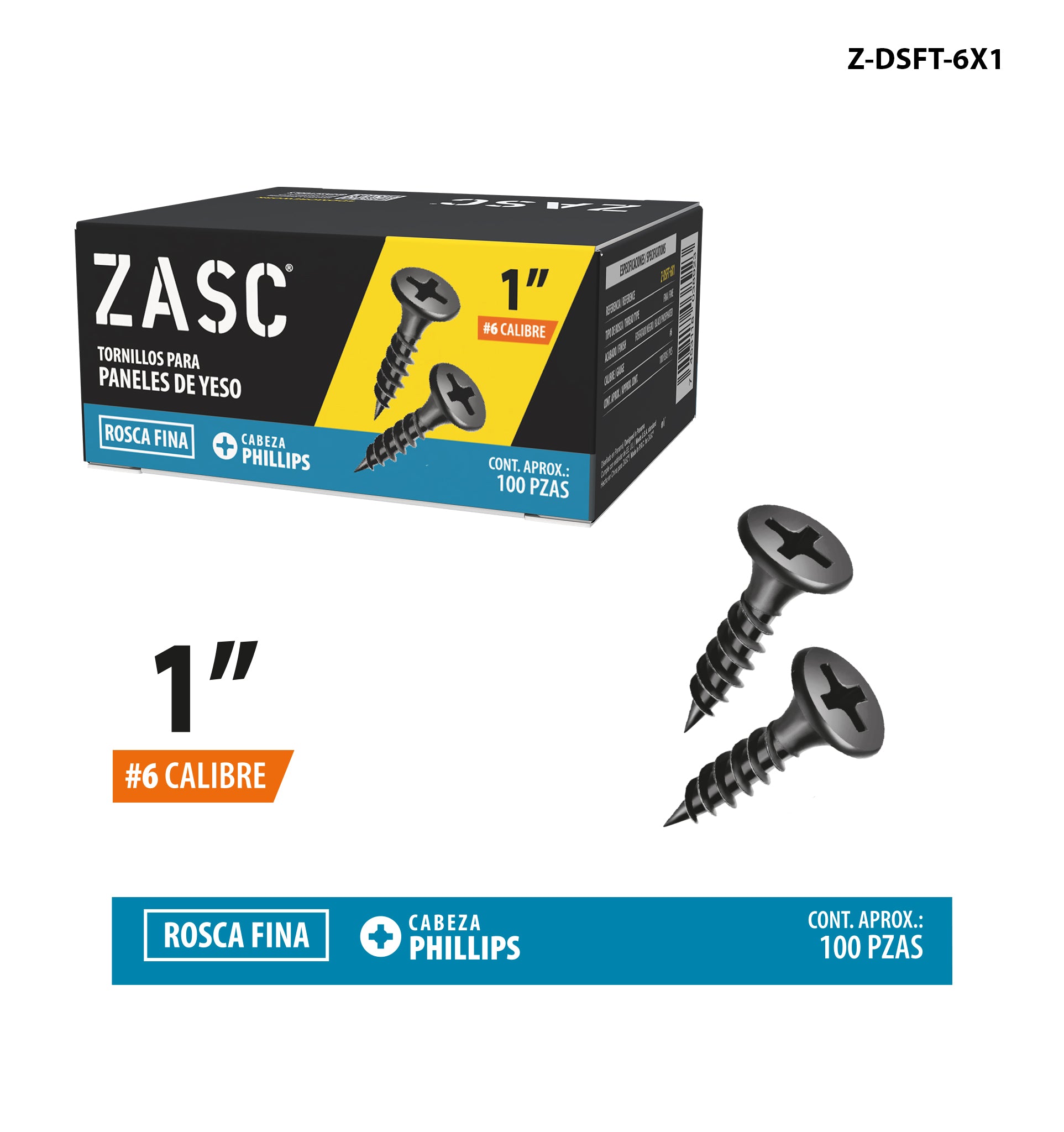 Tornillos Drywall Rosca Fina 1" Zasc / Z-DSFT-6X1