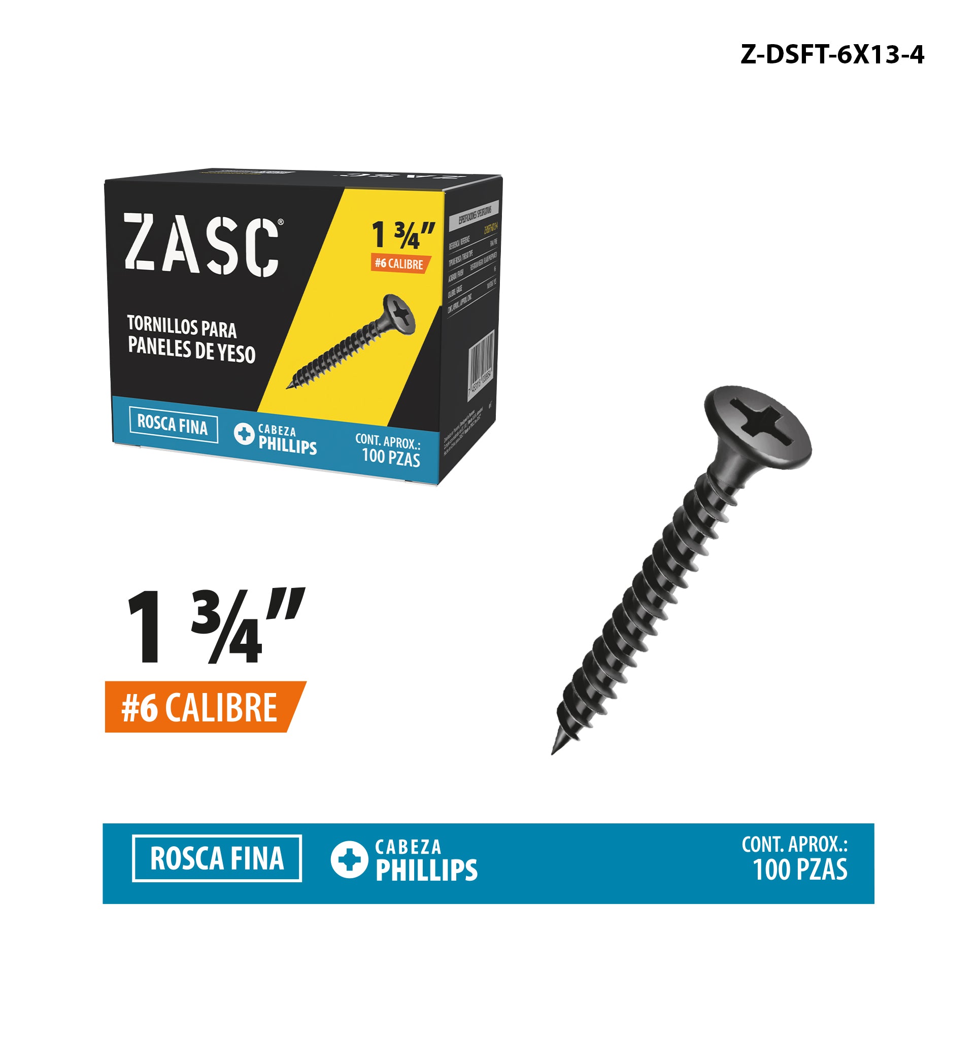 Tornillos Drywall Rosca Fina 1 3/4" Zasc / Z-DSFT-6X13-4