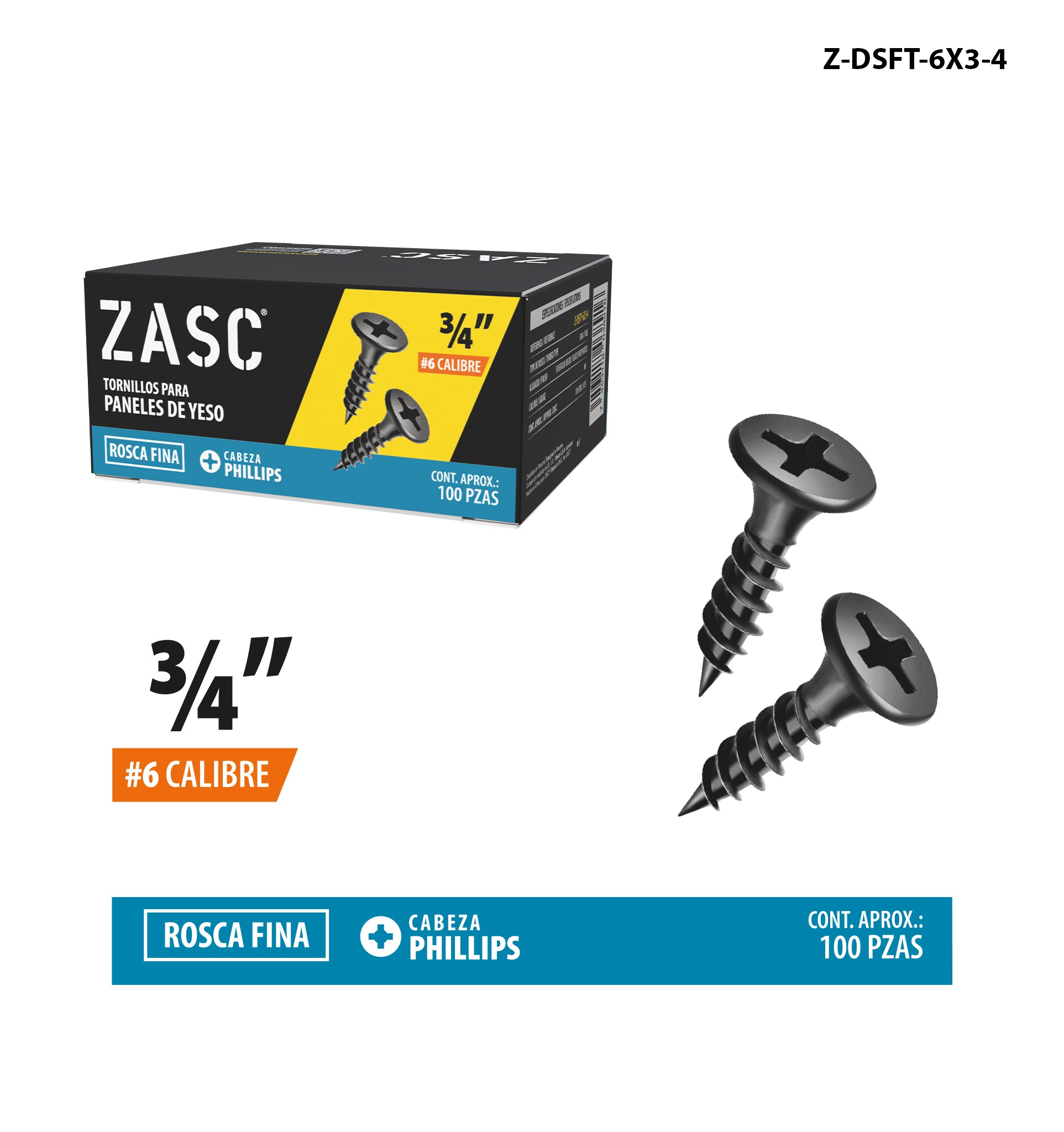 Tornillos Drywall Rosca Fina 3/4" Zasc / Z-DSFT-6X3-4
