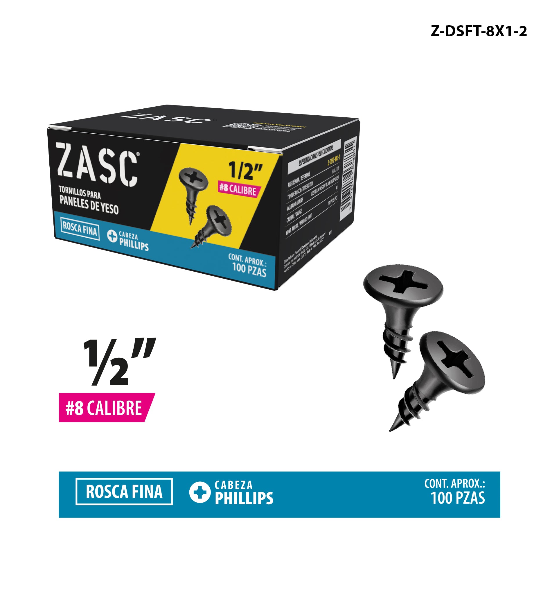 Tornillos Drywall Rosca Fina 1/2" Zasc / Z-DSFT-8X1-2