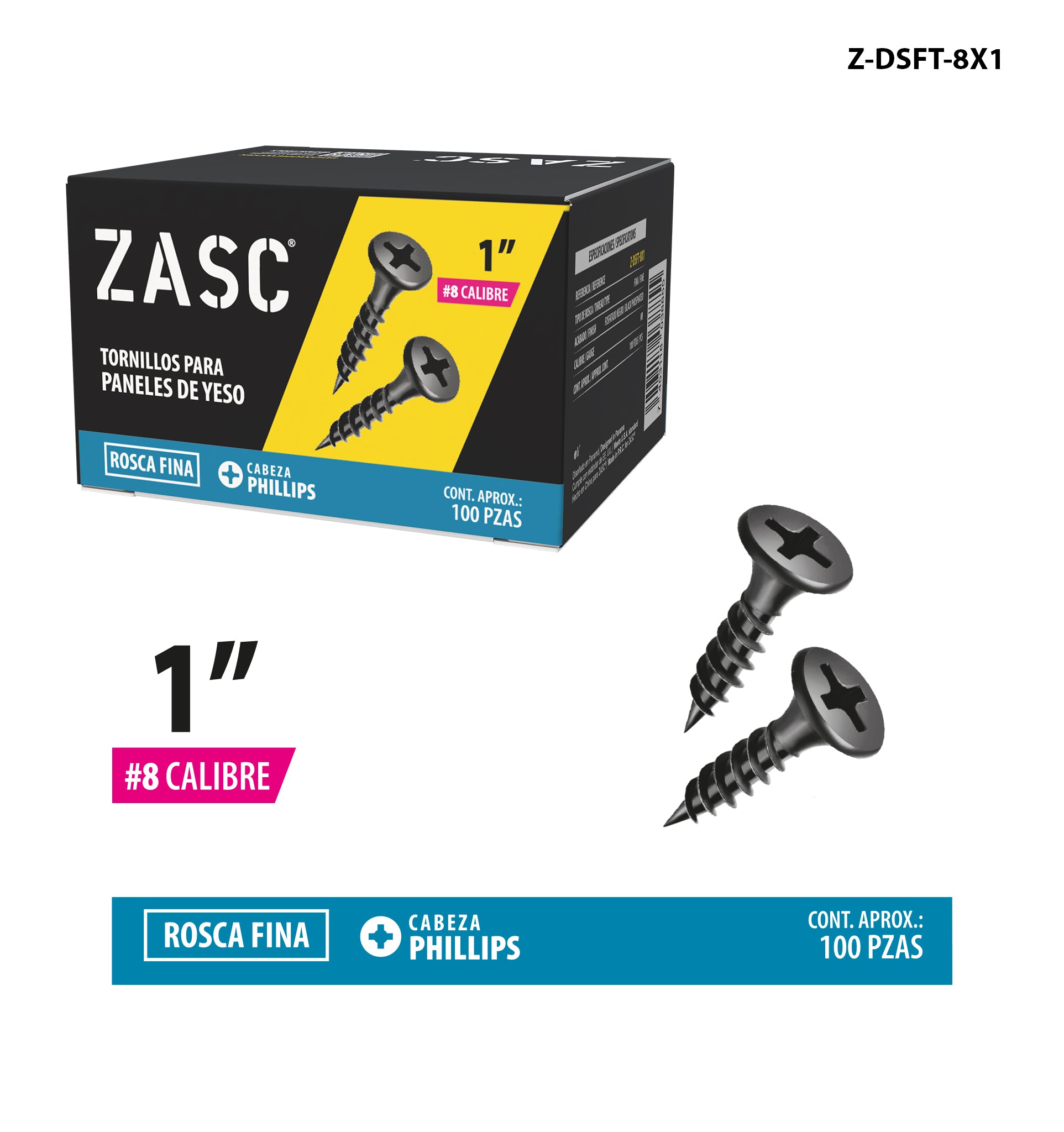 Tornillos Drywall Rosca Fina 1" Zasc / Z-DSFT-8X1