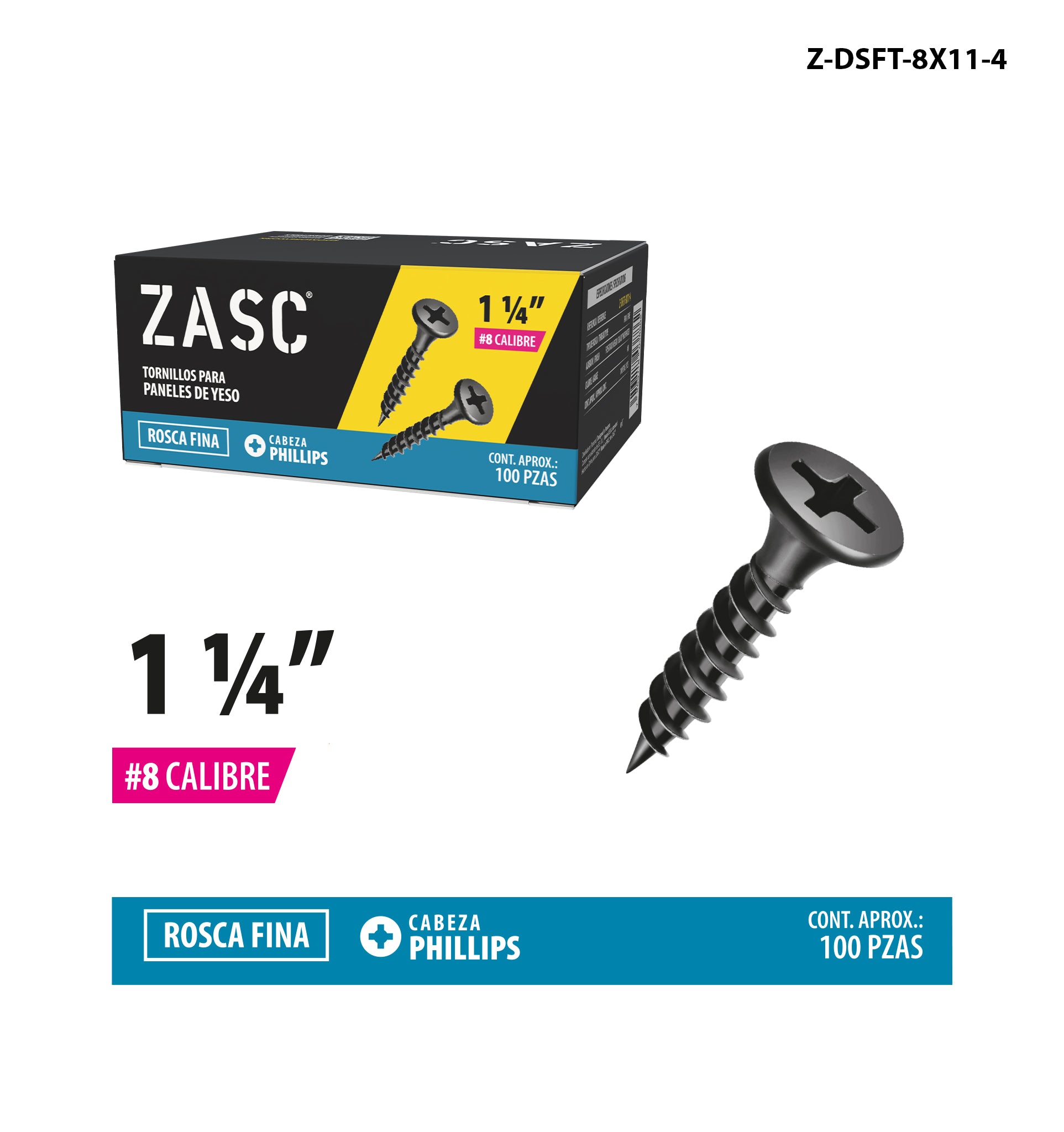 Tornillos Drywall Rosca Fina 1 1/4" Zasc / Z-DSFT-8X11-4