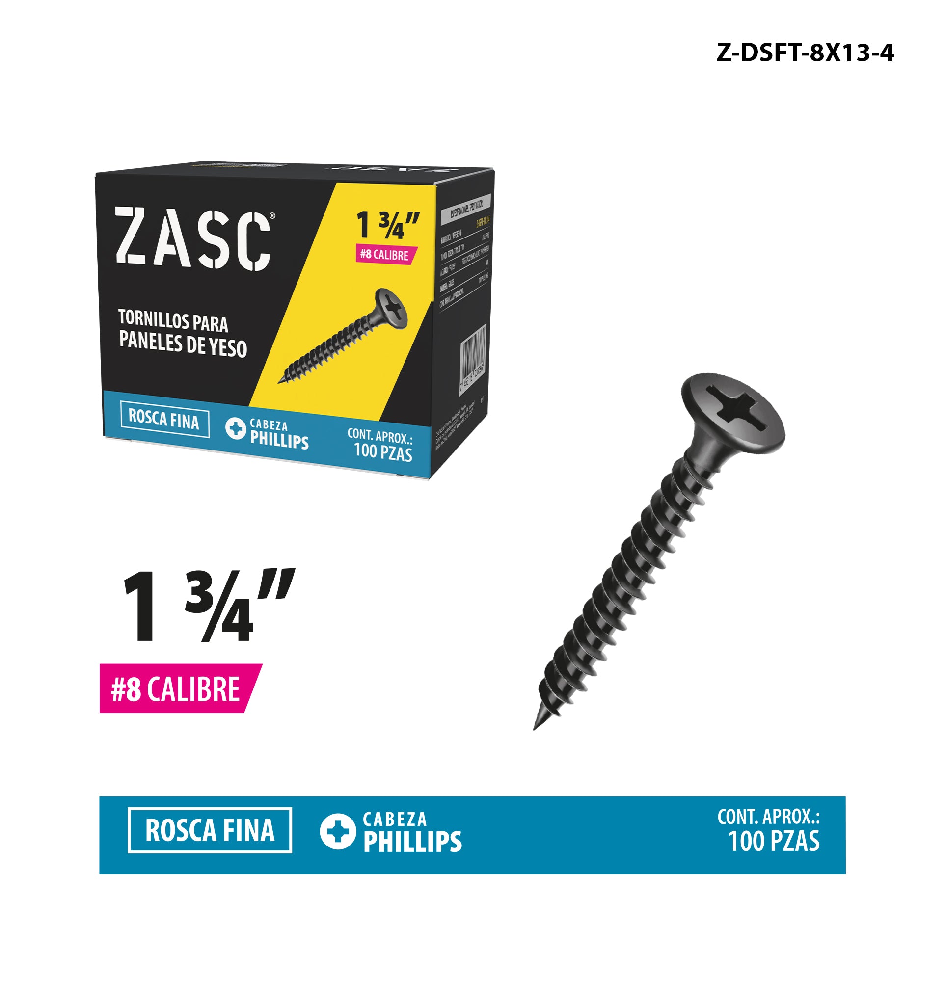 Tornillos Drywall Rosca Fina 1 3/4" Zasc / Z-DSFT-8X13-4