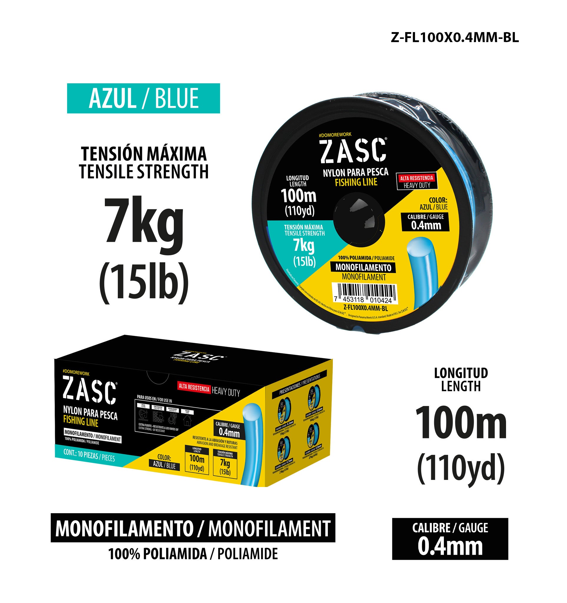 Hilo de Pesca 15lb Azul ZASC / Z-FL100X0.4MM-BL