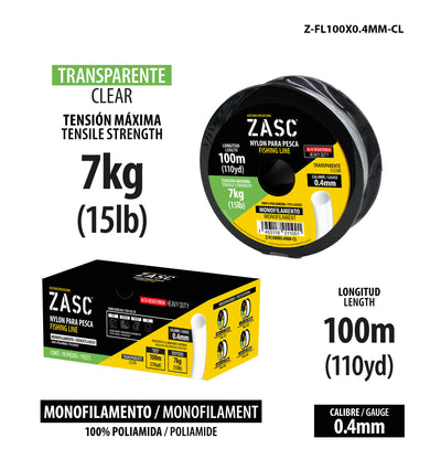 Fil de Pêche Transparent 15lb ZASC / Z-FL100X0.4MM-CL