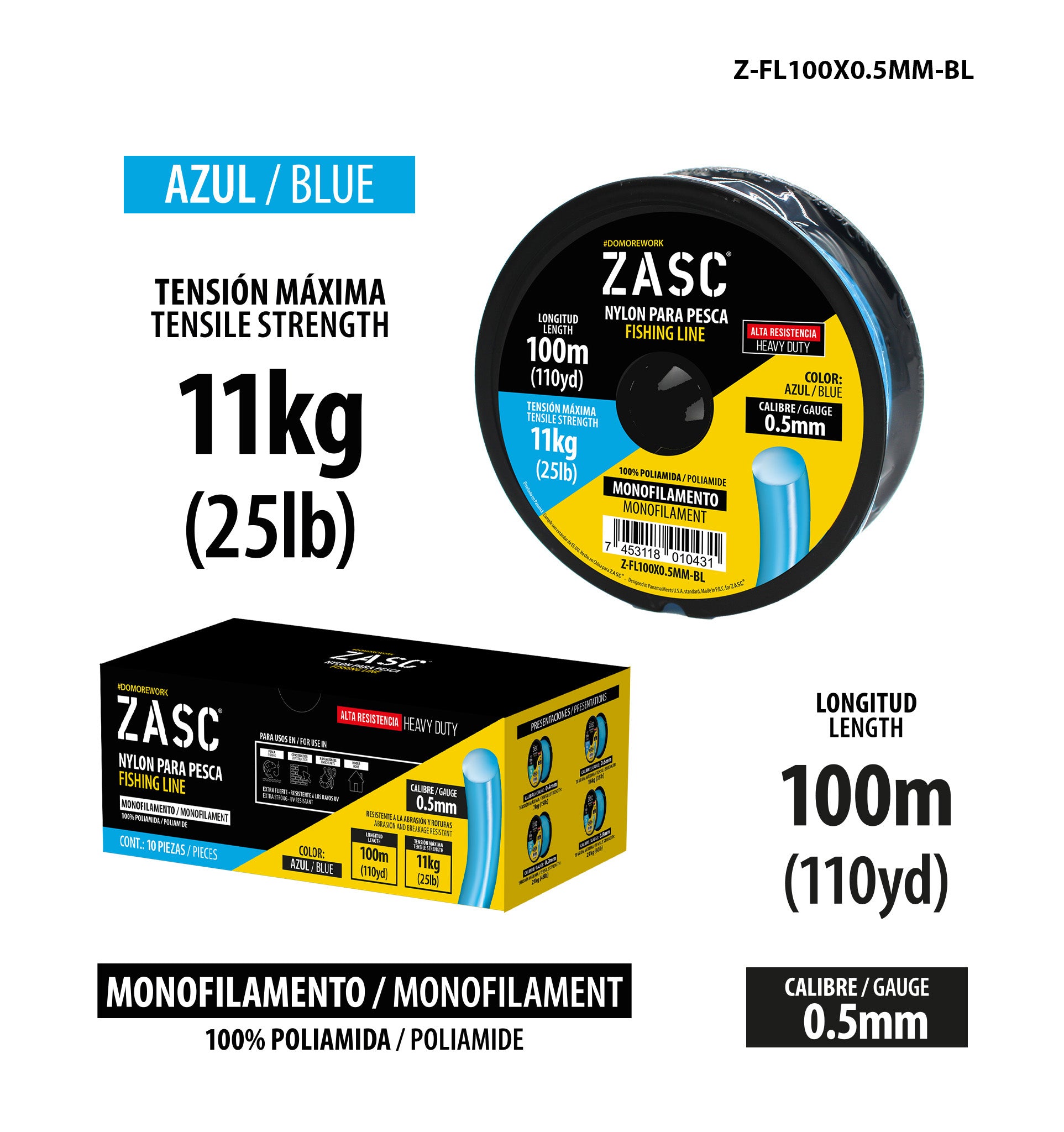 Hilo de Pesca 25lb Azul ZASC / Z-FL100X0.5MM-BL