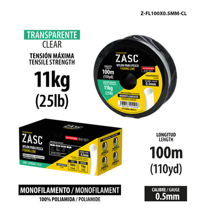 Hilo de Pesca 25lb Transparente ZASC / Z-FL100X0.5MM-CL