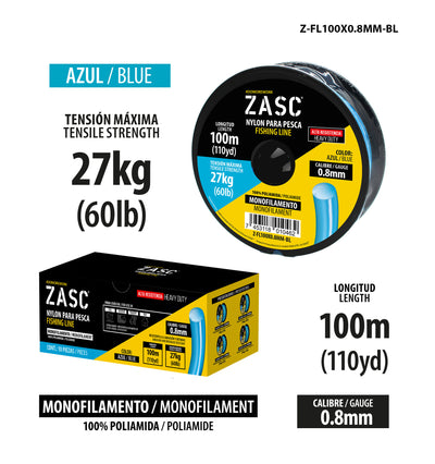 Hilo de Pesca 60lb Azul ZASC / Z-FL100X0.8MM-BL