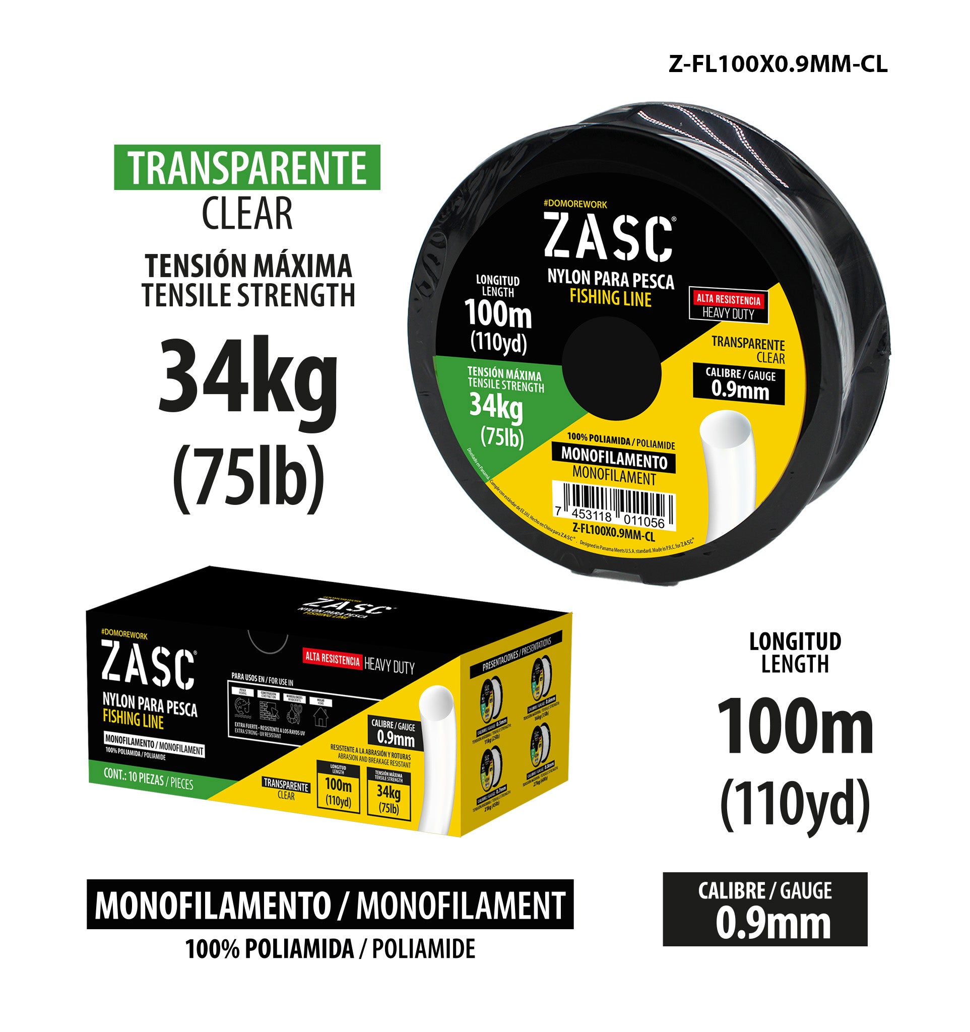 Hilo de Pesca 75lb Transparente ZASC / Z-FL100X0.9MM-CL