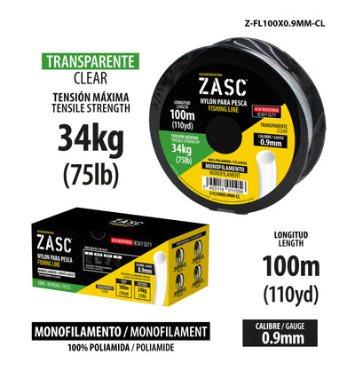 Hilo de Pesca 75lb Transparente ZASC / Z-FL100X0.9MM-CL